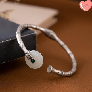 Vòng đeo tay điều chỉnh được mạ bạc S925 đính ngọc bích hòa điền thiết kế tre handmade phong cách retro đem lại may mắn