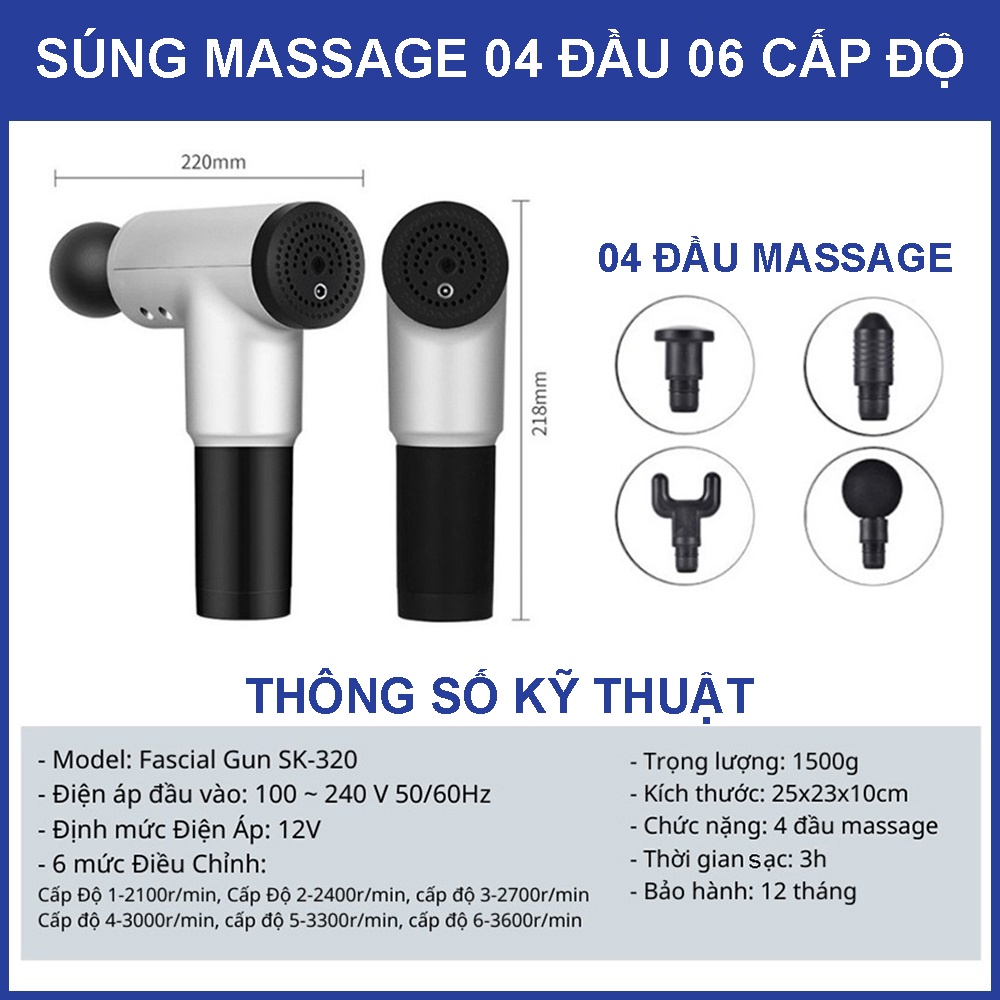Máy massage cầm tay METAMO 4 đầu 6 cấp độ trị đau nhức toàn thân hiệu quả, súng massage kèm 6 đầu mát xa chuyên sâu