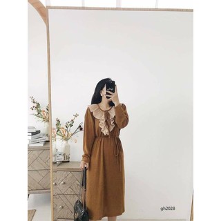 Váy len tăm suông nâu cổ bèo kèm đai