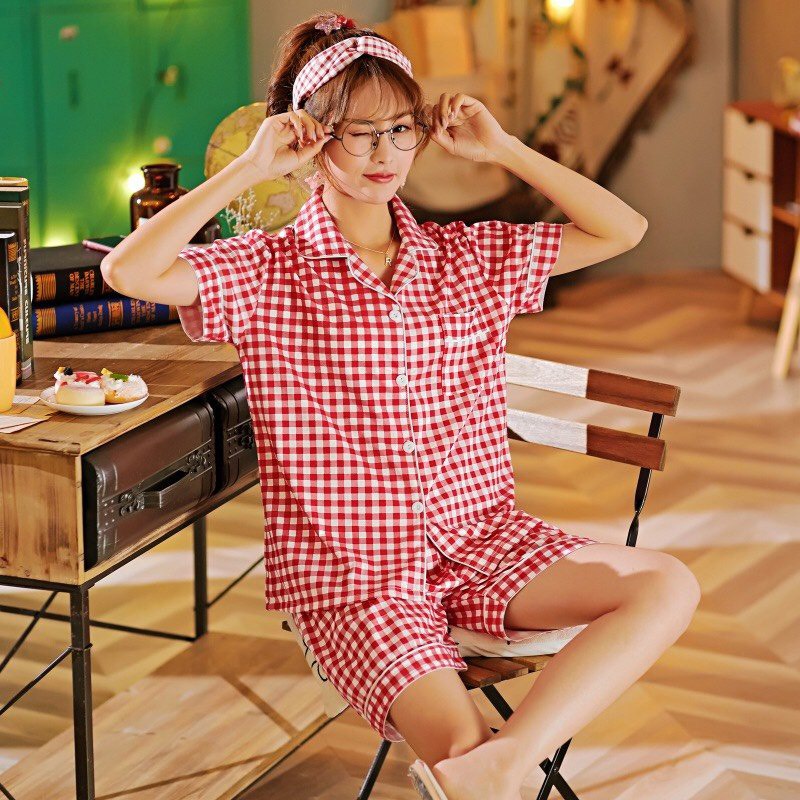 Set pijama kẻ caro nữ - Bộ đồ ngủ pijama quần short kèm áo sơ mi form rộng đẹp Ulzzang HOT