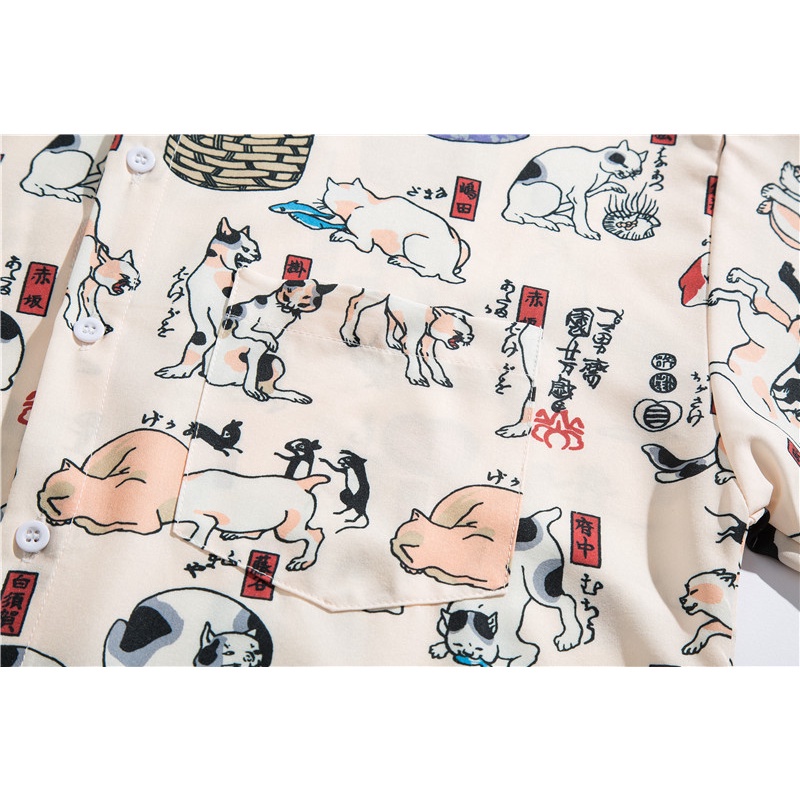 Áo Sơ Mi Tay Ngắn In Họa Tiết Hoạt Hình Mèo Và Chó Phong Cách Hàn Quốc Thời Trang Cho Nam