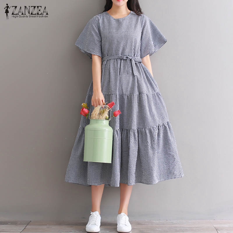 Đầm babydoll họa tiết kẻ sọc ZANZEA phối thắt lưng thời trang cho nữ