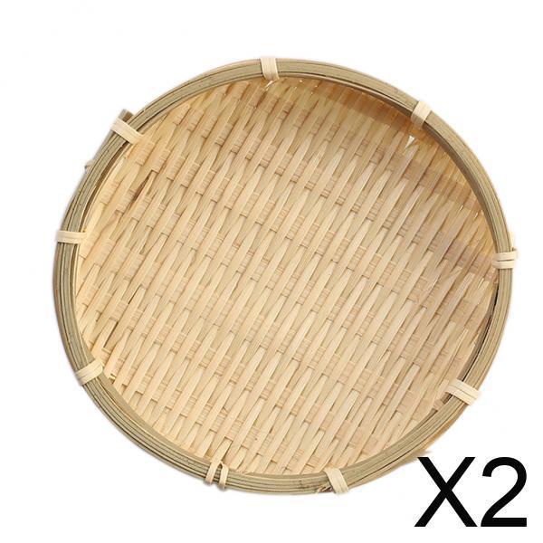 [Unique Life]2xBamboo Plate Bamboo Weave Sieve Groceries Baskets Circular Receive L