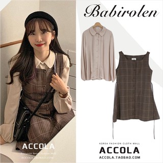 (ORDER -Sẵn L)Váy yếm ba lỗ kẻ sọc nâu xòe ngắn MORAN vintage Hàn Quốc trẻ trung đáng yêu thanh lịch