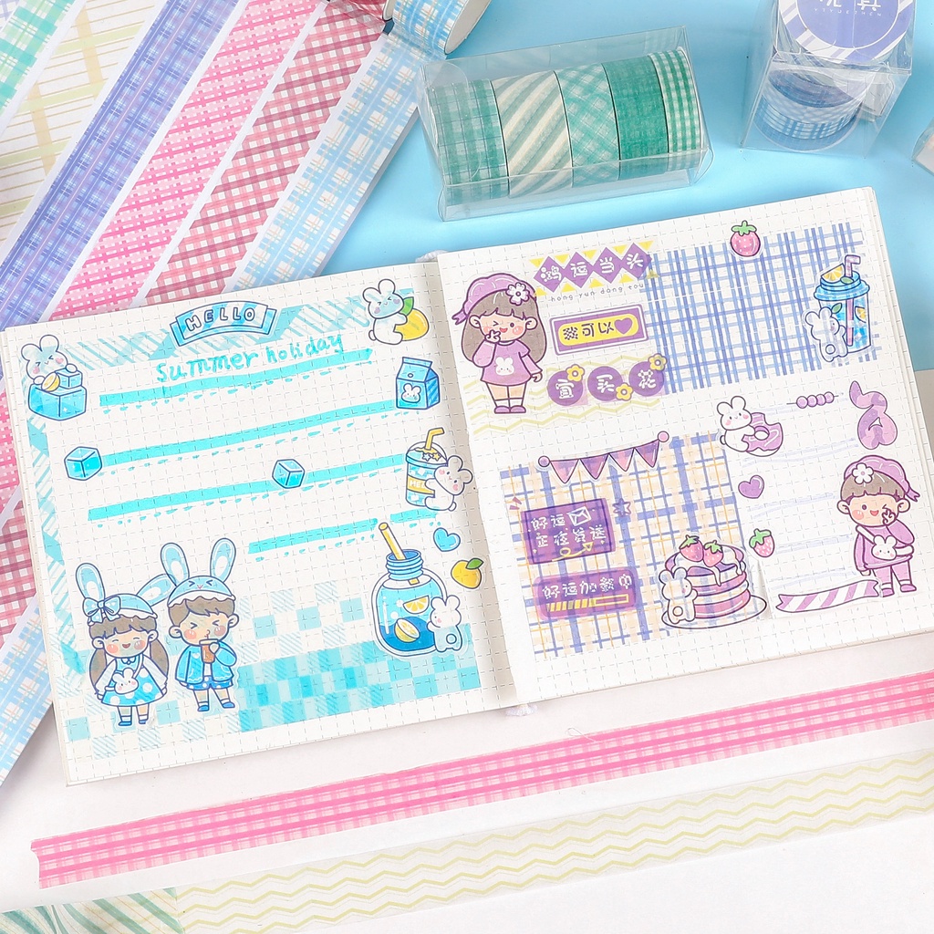 Bộ 5 cuộn washi grid màu pastel dễ thương băng keo dùng trang trí sổ tay | BSW127