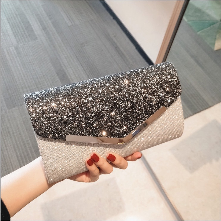 Clutch nữ, ví nữ cầm tay sự tiệc đính đá phối đen trắng siêu sang BAG U CDA22