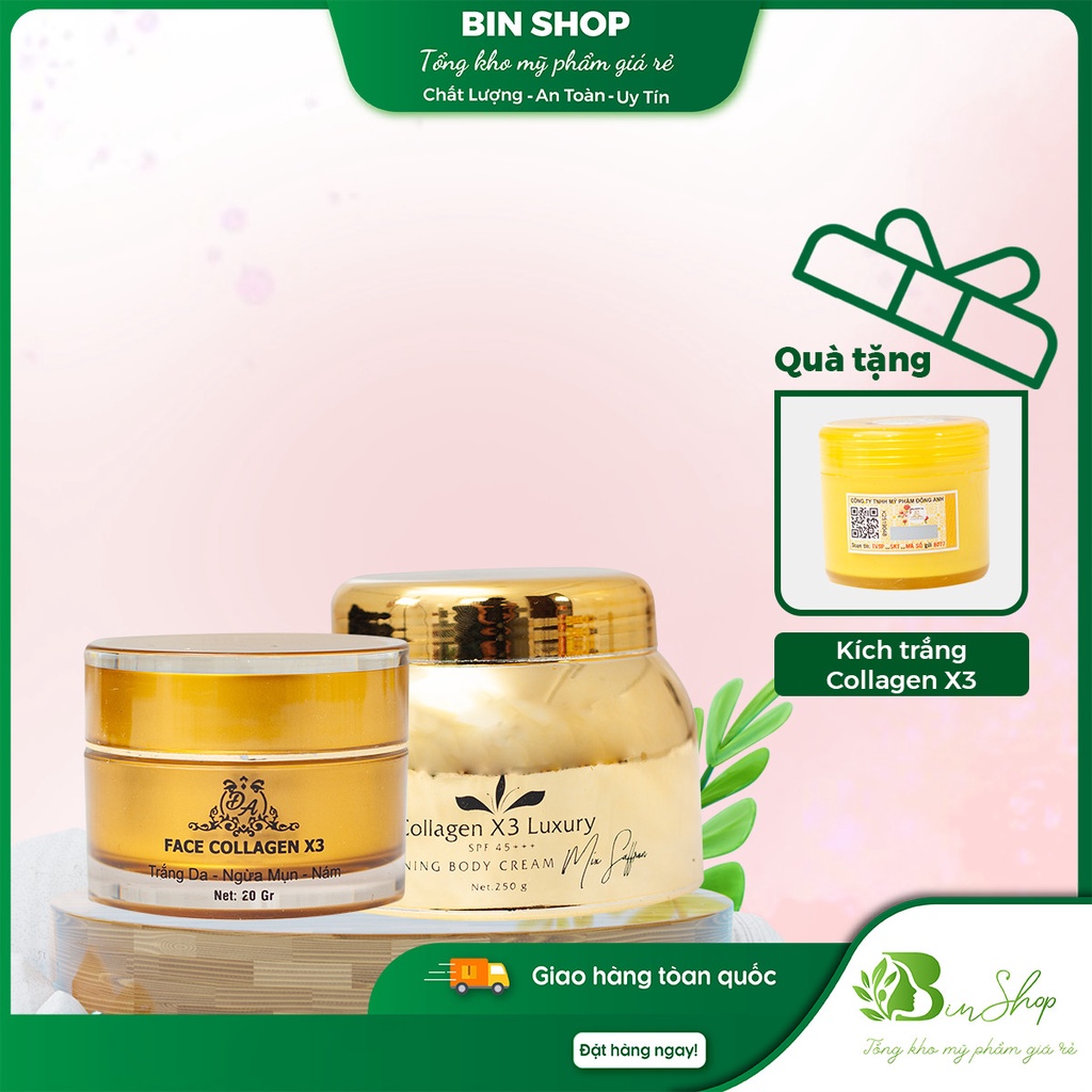Combo Kem Face Collagen X3 + Body Collagen X3 [TẶNG KÈM: Kích trắng Collagen X3]