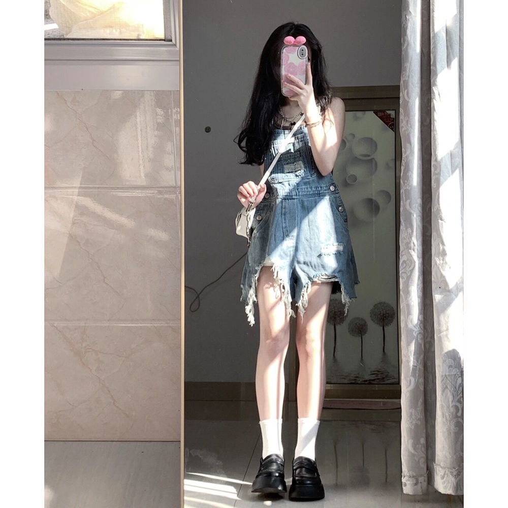 Quần Yếm Denim Ngắn Rách Phong Cách Mới Cho Nữ