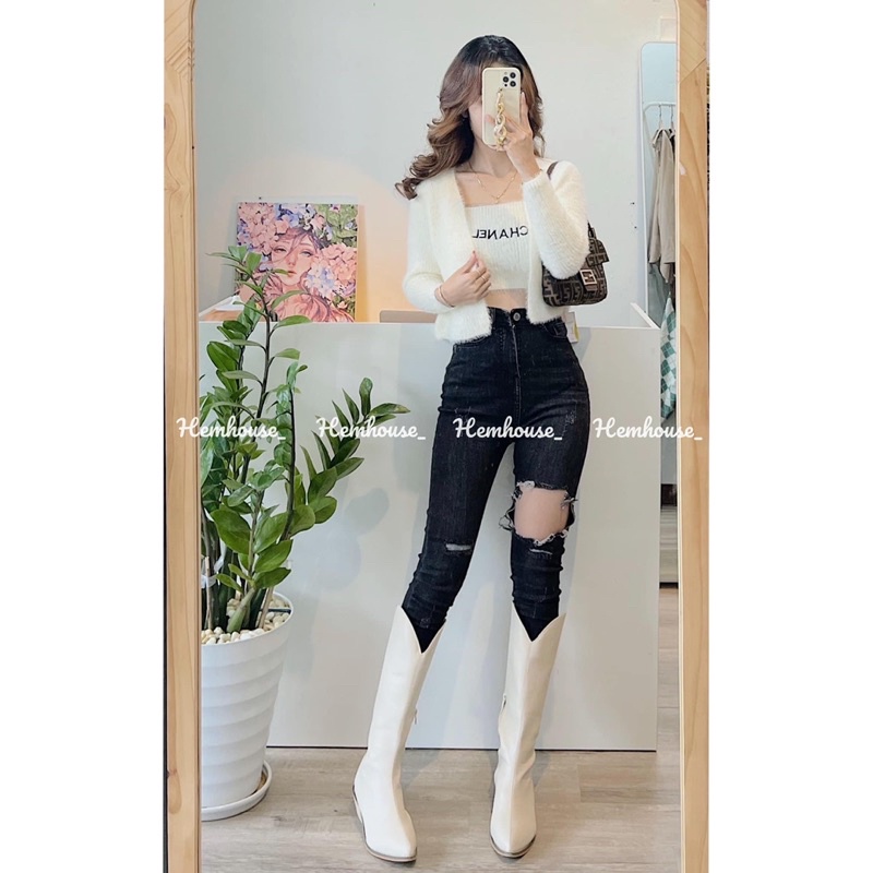 Set áo hai dây len lông kèm áo khoác cadigan