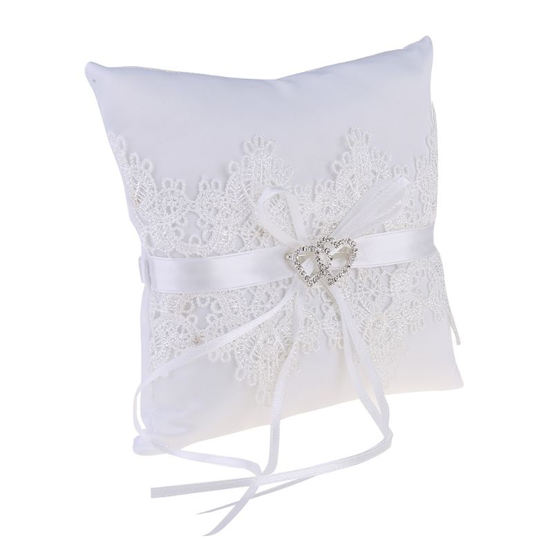 Gối Giá Đỡ Nhẫn Cưới Hình Nơ Bằng Satin Màu Trắng Đính Đá Trái Tim