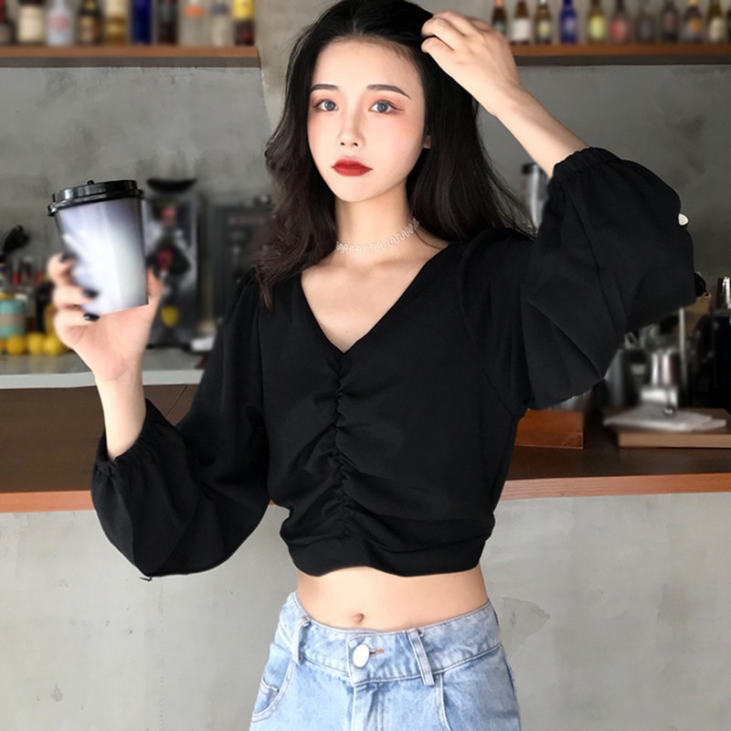 Áo kiểu tay dài cổ chữ V màu trơn duyên dáng dễ phối đồ