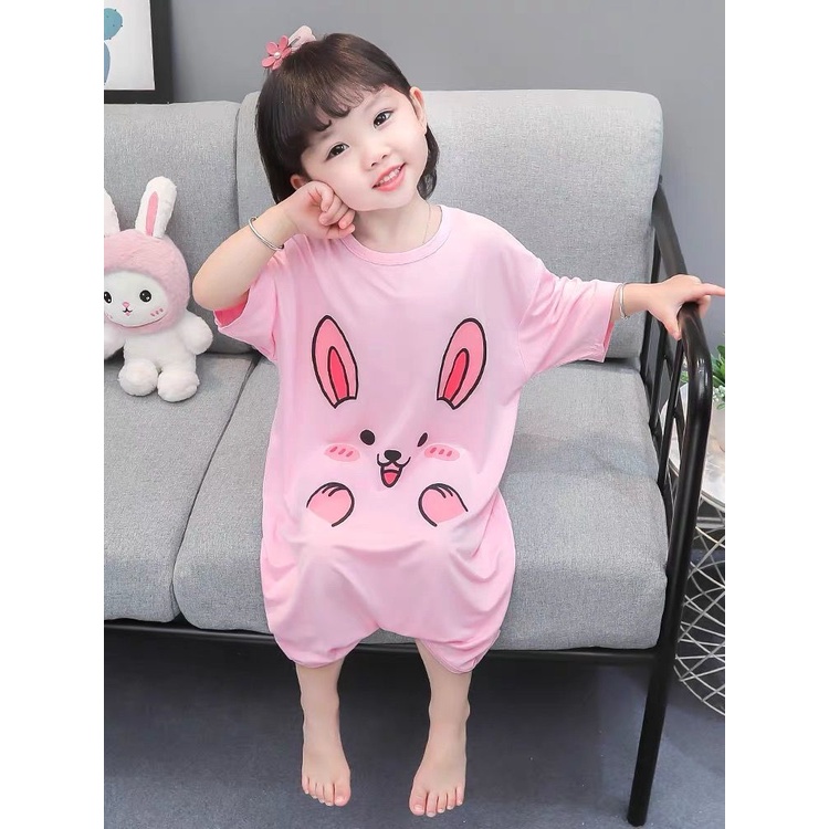 Bộ Đồ Ngủ Liền Thân Bằng Cotton Trơn Chống Đá Phối Nút Thời Trang Mùa Hè Cho Bé Gái