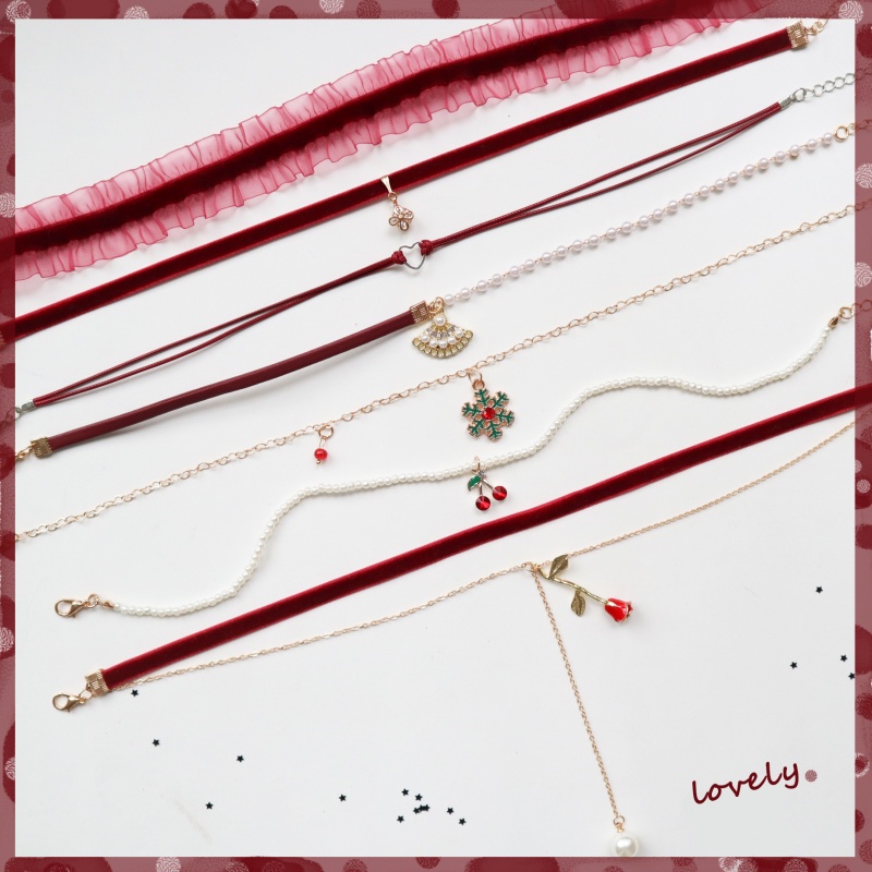 Vòng Cổ Dây Xích Ngắn Màu Đỏ Mùa Thu Đông Cho Nữ