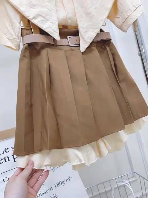 [ 𝐅𝐑𝐄𝐄 𝐒𝐇𝐈𝐏 ]  SÉT SƠ MI CỔ THUYỀN MIX CHÂN VÁY KÈM THĂT LƯNG | BigBuy360 - bigbuy360.vn