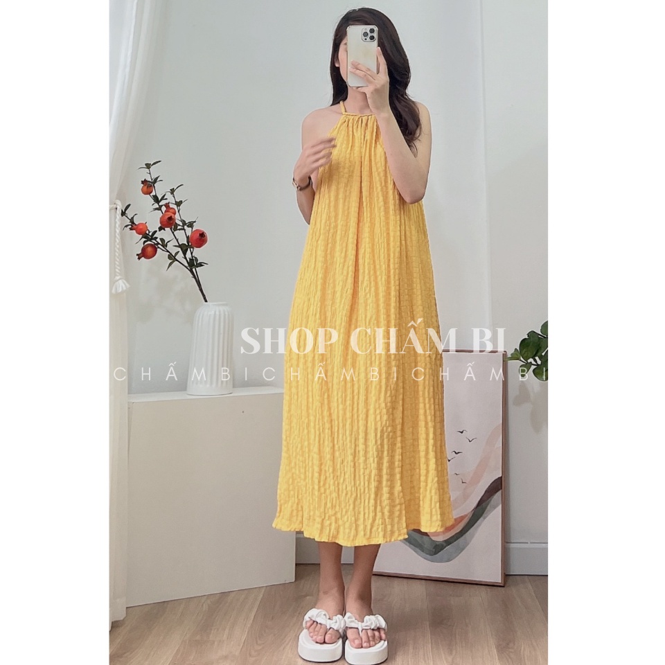 Váy kiểu nữ đi biển V.115, Váy maxi xốp cổ yếm vặn thừng dáng xuông 4 màu ngọt ngào - Thời trang nữ Chấm Bi | BigBuy360 - bigbuy360.vn