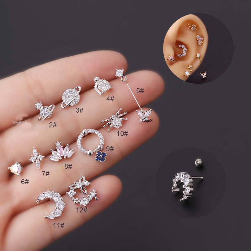 Khuyên tai bằng thép không gỉ hình nhện/ hành tinh có đính đá zircon đa dạng tùy chọn