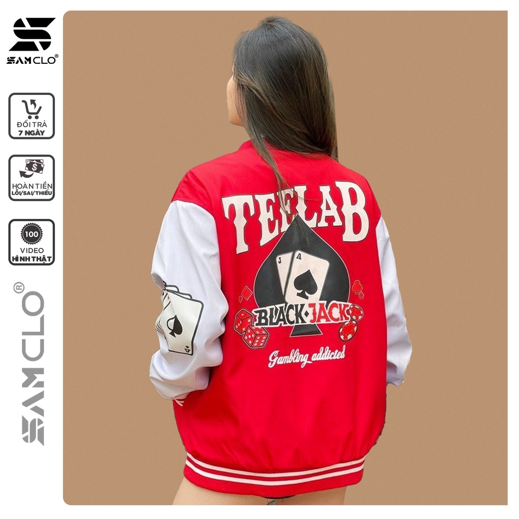 Áo khoác dù 2 lớp SAM CLO nam nữ bomber phong cách bóng chày form rộng unisex mặc cặp - couple in hình lá bài chữ TEELAB