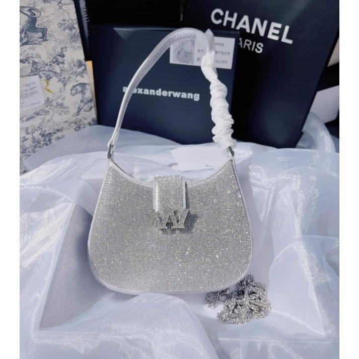 túi kẹp nách #wang. W đi tiệc full đá sáng bling dáng bầu có hộp