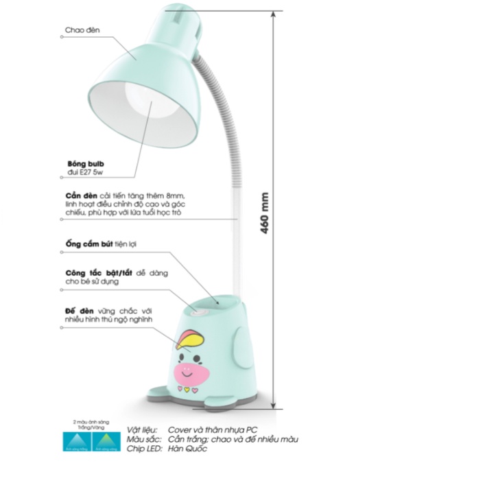 Đèn học để bàn RẠNG ĐÔNG bóng LED ĐỔI 3 MÀU ÁNH SÁNG chống cận bảo vệ thị lực tiết kiệm điện năng, bảo hành 12 tháng