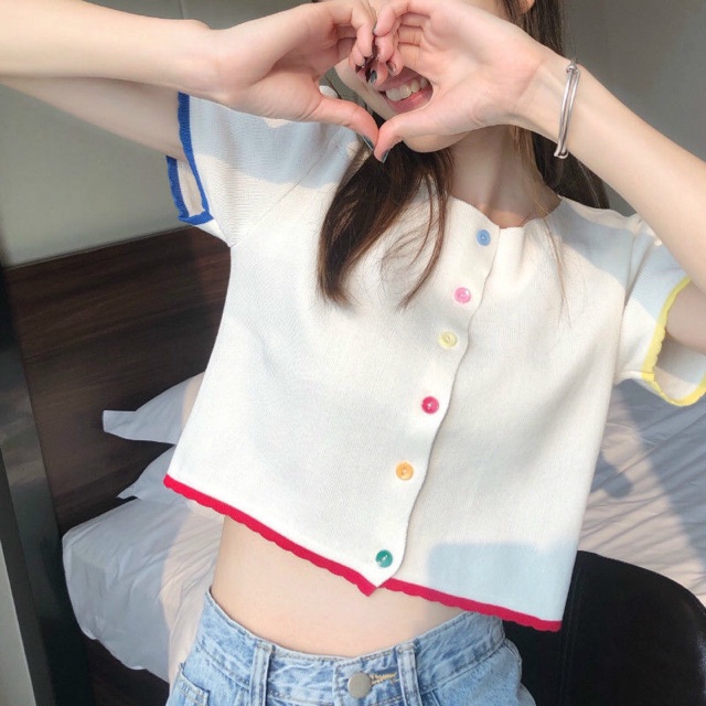 [Mã WASTUP giảm 10% tối đa 30K đơn 99K] Áo thun giấy croptop Ulzzang cúc nhiều màu phối viền | BigBuy360 - bigbuy360.vn