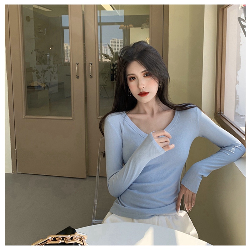 SUXI Áo Croptop Tay Dài Cổ Chữ V Màu Sắc Đơn Giản Cho Nữ