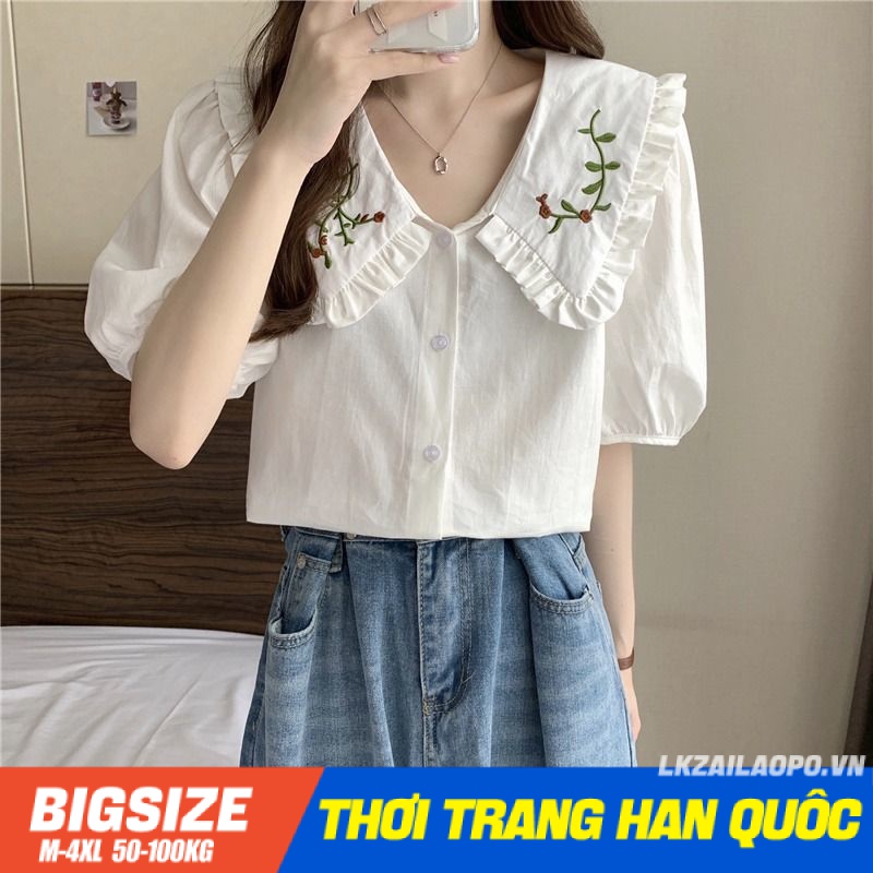 Áo sơ mi nữ tay ngắn Bigsize Áo sơ mi cổ bèo tiểu thư kiểu form rộng trắng mùa hè Phong cách Hàn Quốc Thời Trang đẹp
