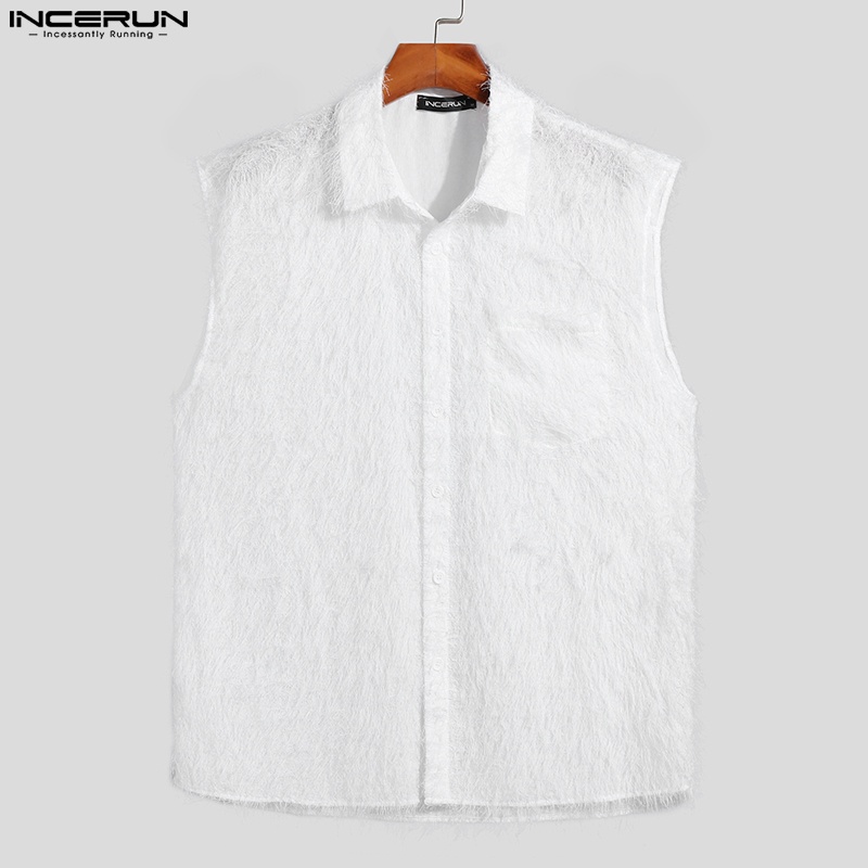 Áo sơ mi INCERUN sát nách màu trơn phối tua rua cài nút thời trang cho nam