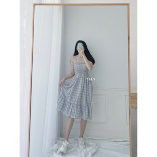 Đầm 2 dây nhún ngực caro taly d1233