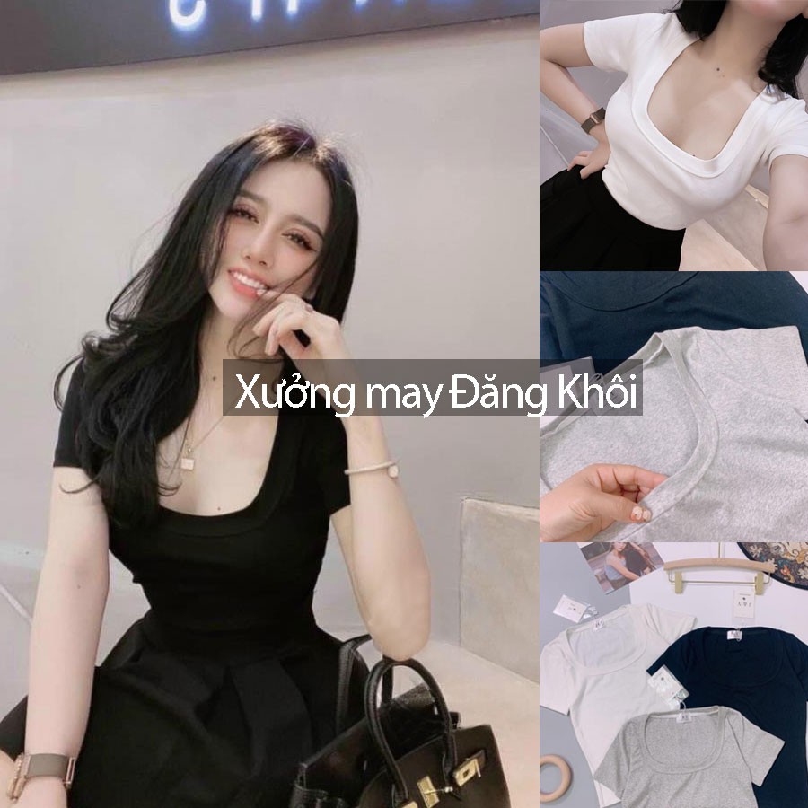 Áo Phông Cổ U, Áo Thun Kiểu Nữ Ôm Body Chất Cotton Zip