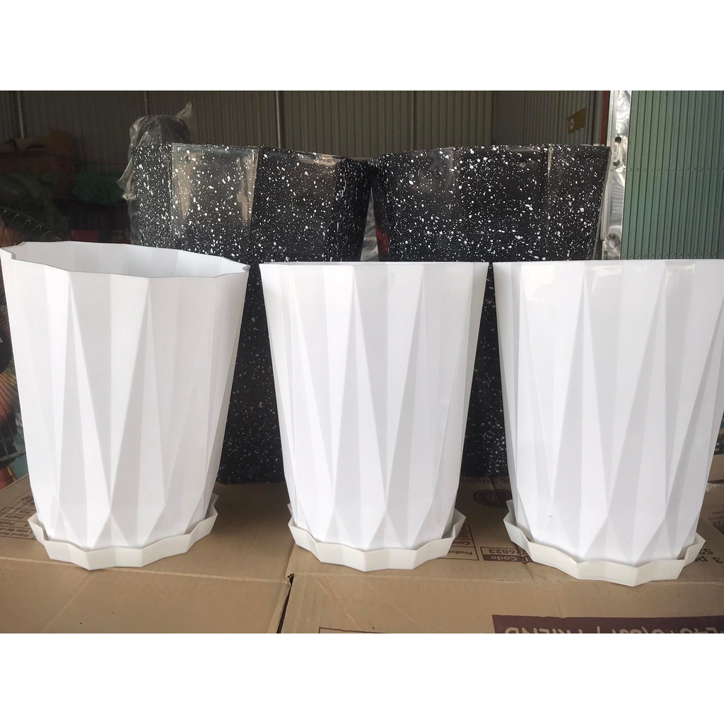 KT 22x28 cm* Chậu nhựa giả sứ cao cáp kèm đĩa lót Tân kim cương dày xịn trồng hoa, cây cảnh cực sang