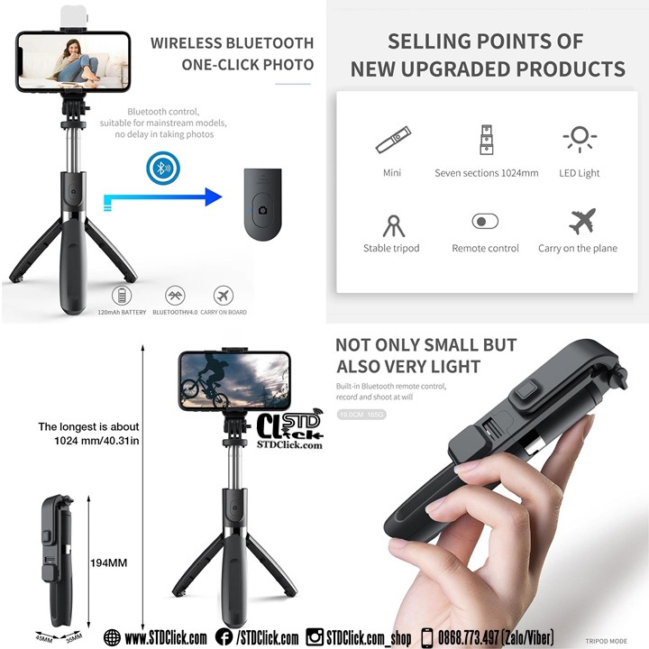 GẬY CHỤP ẢNH KIÊM TRIPODS CÓ ĐIỀU KHIỂN BLUETOOTH L02s CÓ ĐÈN KÈM ĐÈN HÀNG CAO CẤP