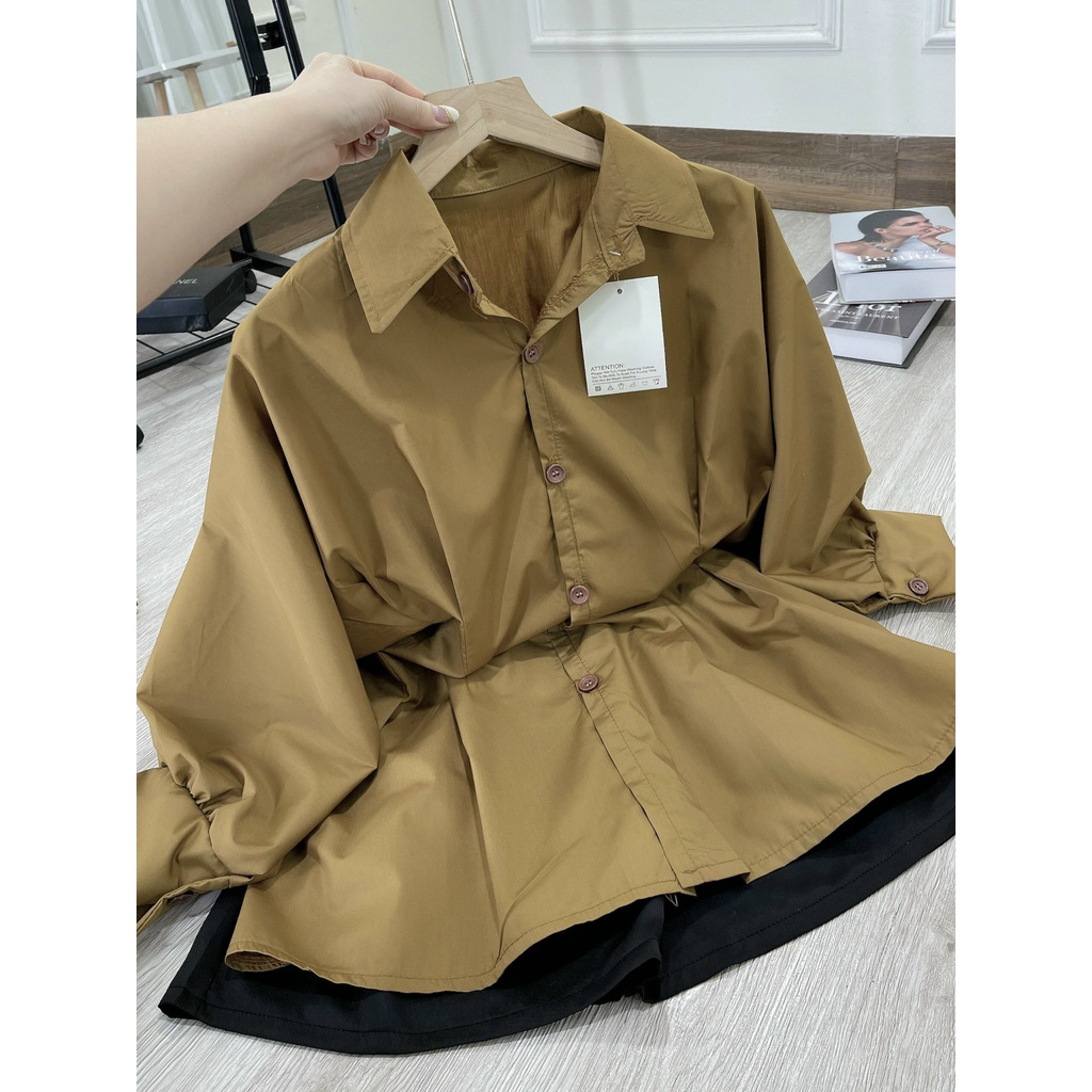 Set áo sơ mi nâu nhún eo kèm quần