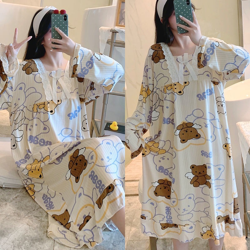 Đầm Ngủ Dáng Rộng Tay Dài Thời Trang Thu Đông Có Size Lớn 200 Jin Có Size Lớn Cho Mẹ Bầu