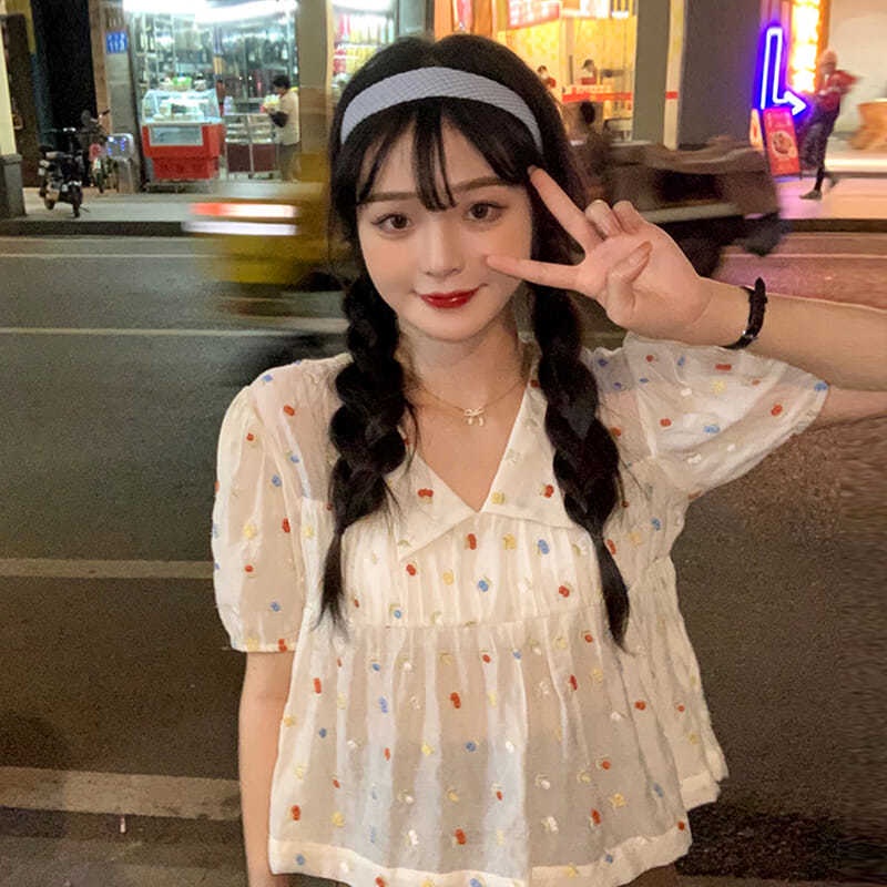Áo kiểu tay ngắn phồng cổ búp bê chiffon họa tiết hoa xinh xắn thời trang dành cho nữ