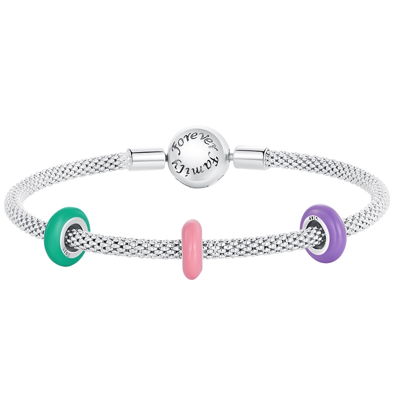 BAMOER Hạt Xâu Chuỗi Silicone Bạc 925 Màu Hồng / Xanh Lá / Tím Thời Trang Làm Trang Sức DIY