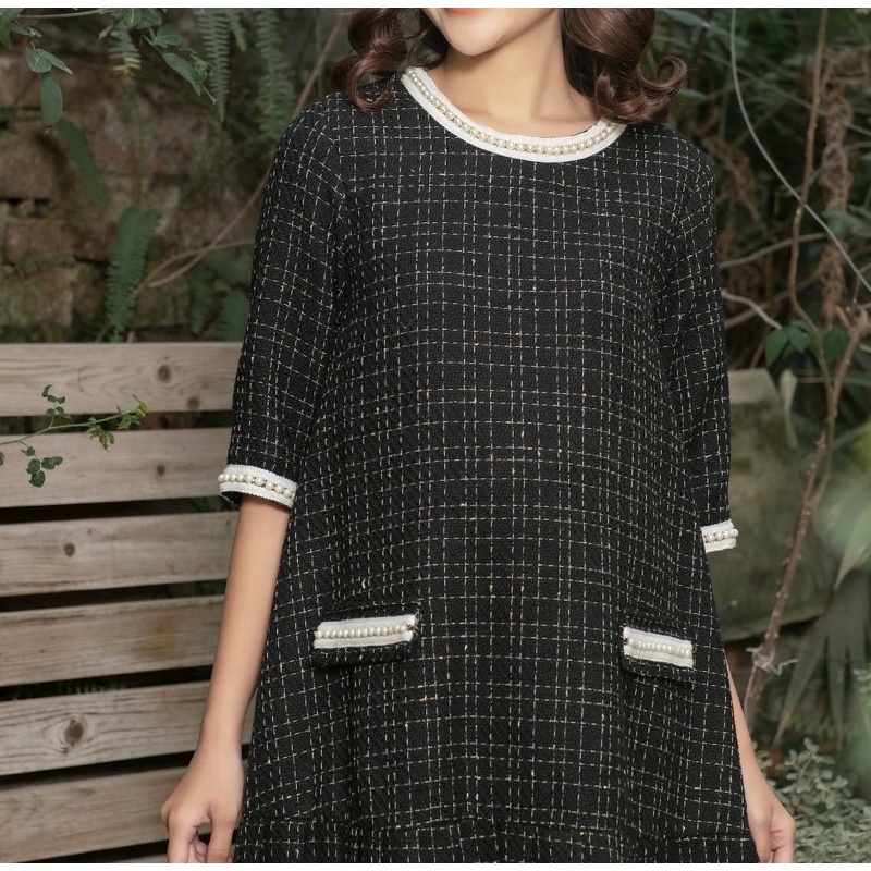 Sale Sốc Váy bầu thu đông thiết kế dạ tweed cổ viền trai /Váy bầu dáng xuông ấm áp mùa đông Bella mama