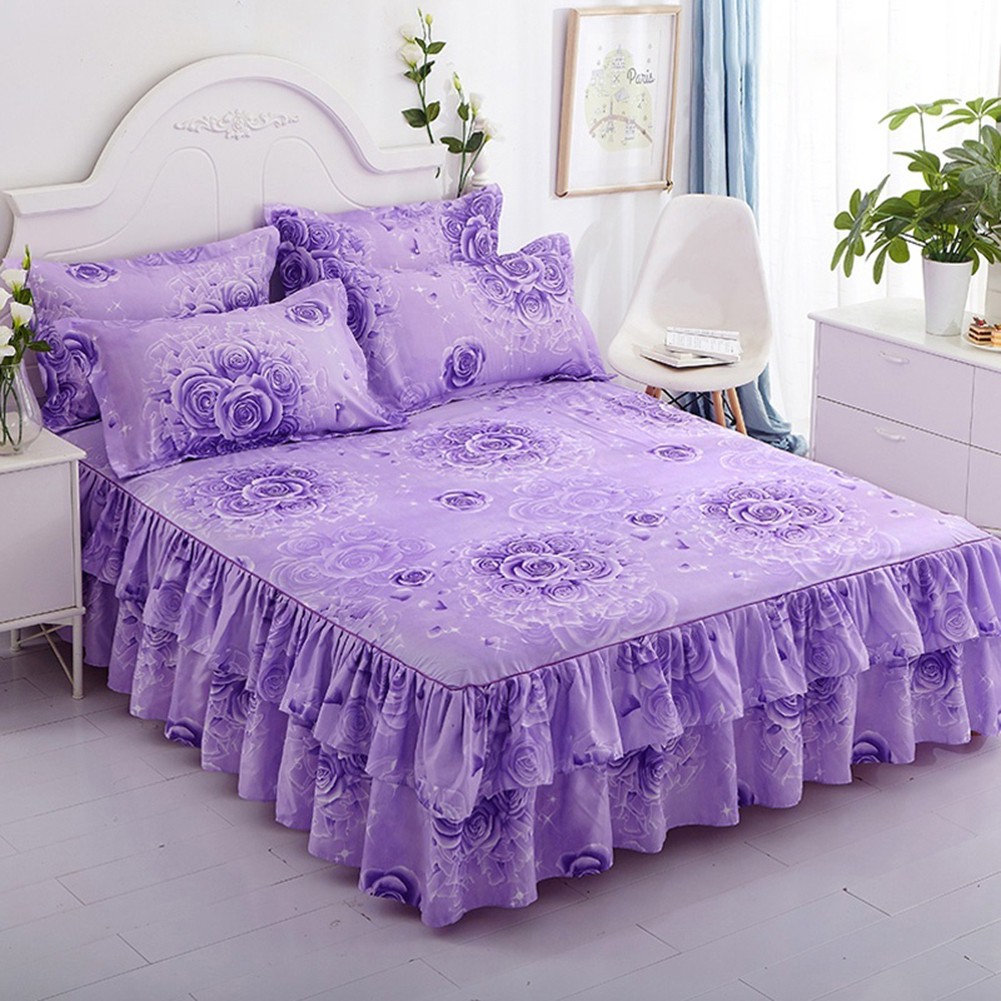 Ga giường vải polyester họa tiết hoa lãng mạn phối bèo nhún xinh xắn