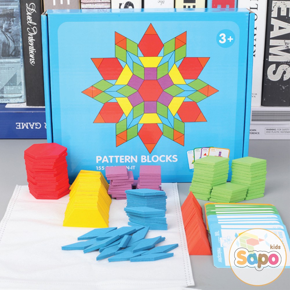 Ghép hình Pattern Block Montessori 155 chi tiết cho bé sáng tạo nhiều màu bộ đồ chơi cho bé SAPO KIDS