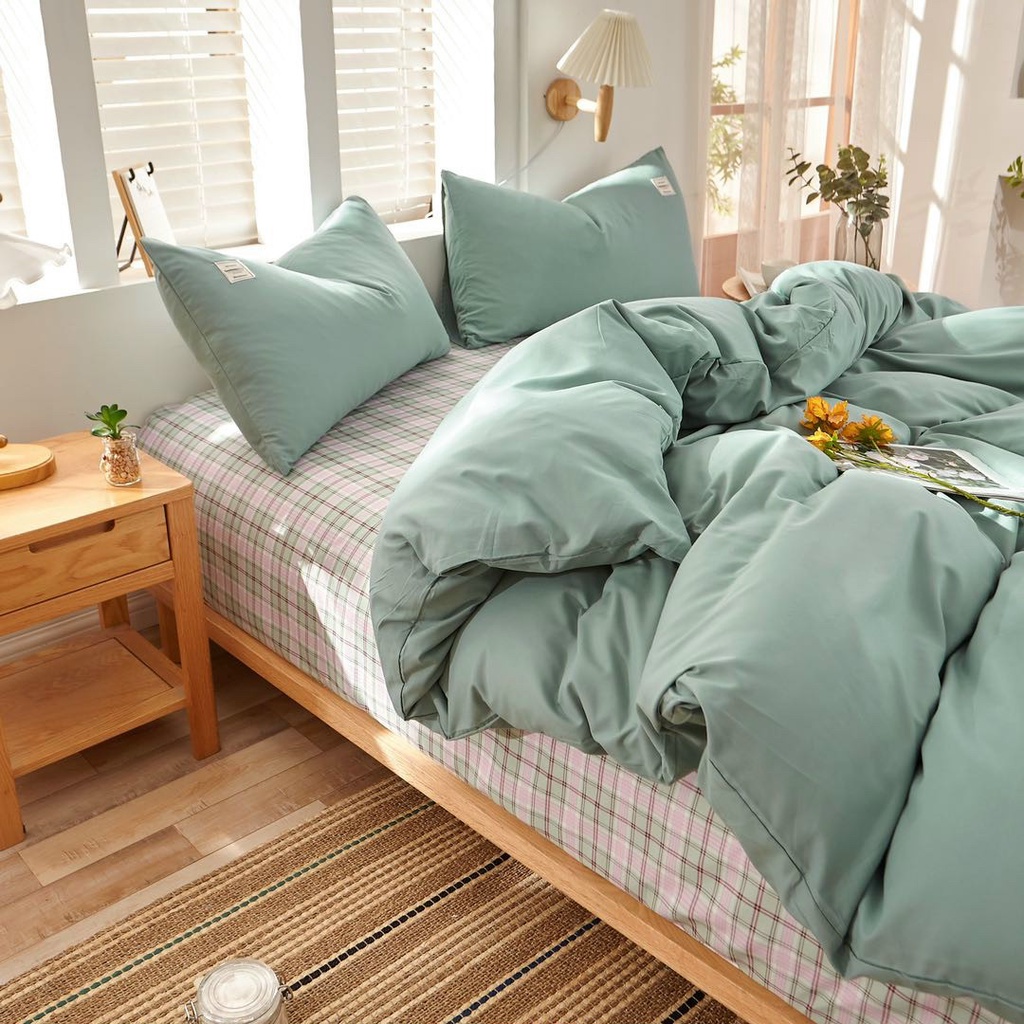 Bộ Chăn Ga và Vỏ Gối Cotton Tici Mix Kẻ Hồng Xanh Mới (Sản phẩm không kèm ruột)