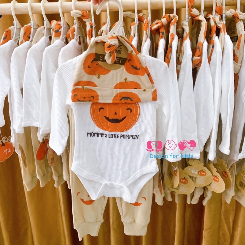 Set bodysuit dài tay, bộ body chip kèm quần dài và mũ Halloween hàng xuất dư Chick.pea cho bè
