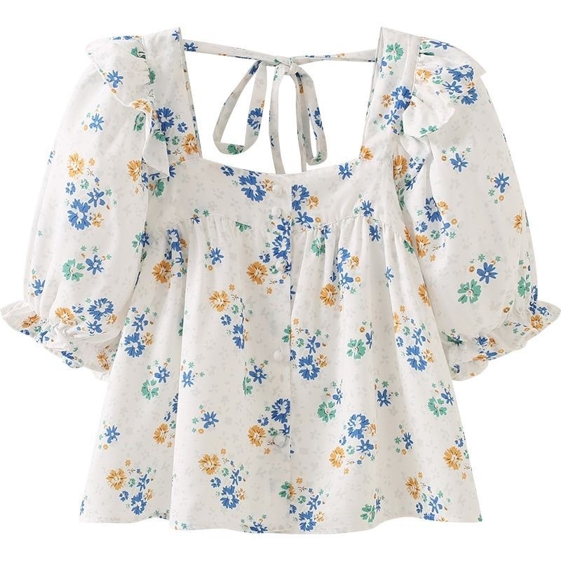 Áo Sơ Mi Cổ Vuông Cột Dây Họa Tiết Hoa Phong Cách Pháp Thời Trang Mùa Hè Mới Cho Nữ