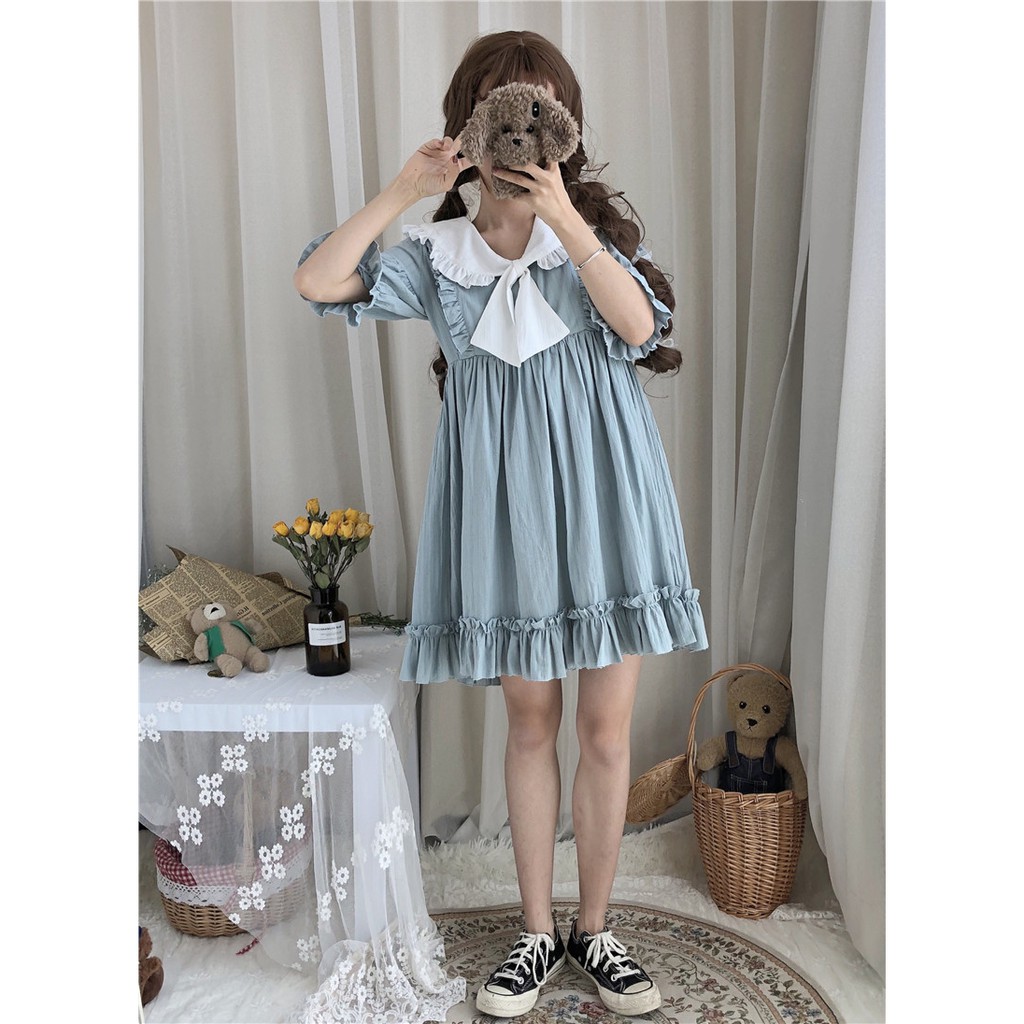 Đầm baby doll tay ngắn tay áo lồng đèn thắt nơ ulzzang ( 2 màu )