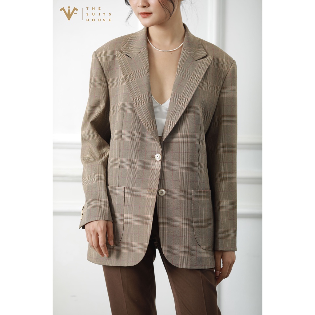 Bộ vest nữ nâu kẻ ô 2 khuy túi đắp, suits sartorial chất cashmere The Suits House