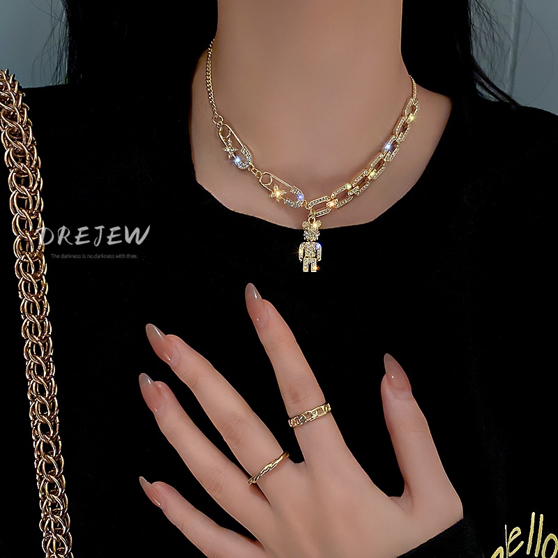 DREJEW Dây chuyền nữ mặt hình gấu dễ thương đính kim cương giả phong cách Hàn Quốc độc đáo