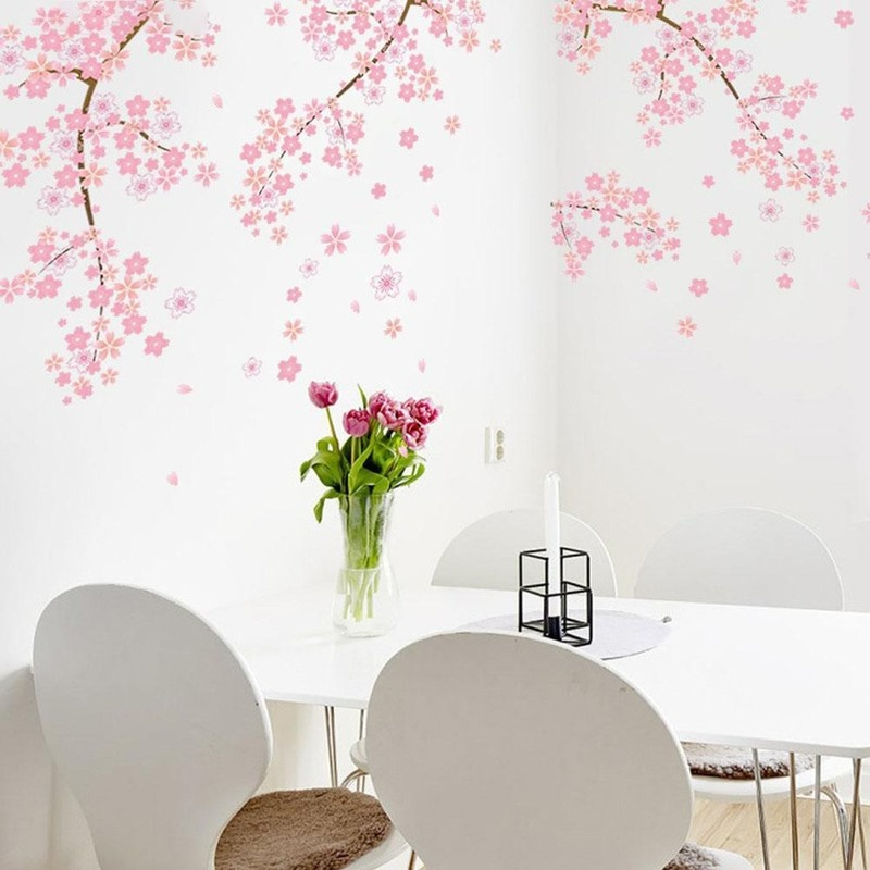 1 Bộ Sticker Dán Tường Hình Nhánh Hoa Đào Màu Hồng Dùng Trang Trí Phòng Khách / Phòng Ngủ