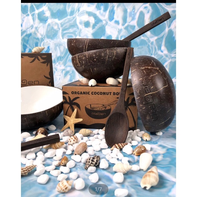 OLABEN Nutrition Combo 1 Chén Gáo Dừa Tráng Men Sứ + 1 Muỗng Gỗ Dừa Handcarved Coco