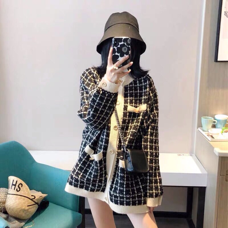 áo khoác len cardigan cổ tròn pha viền nổi sang chảnh