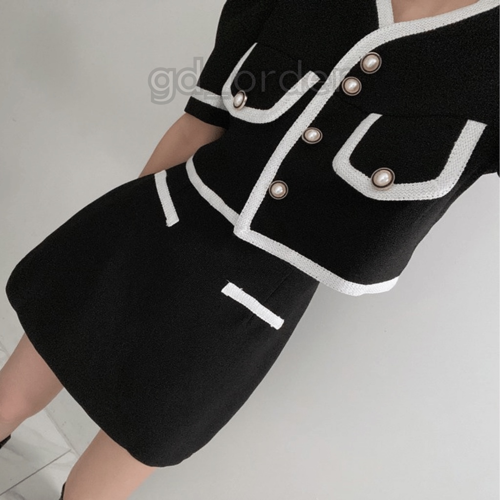 B55|Set bộ sang trọng áo cổ V viền nổi bật thanh lịch, váy chữ A cạp cao màu đen, trắng gd_order