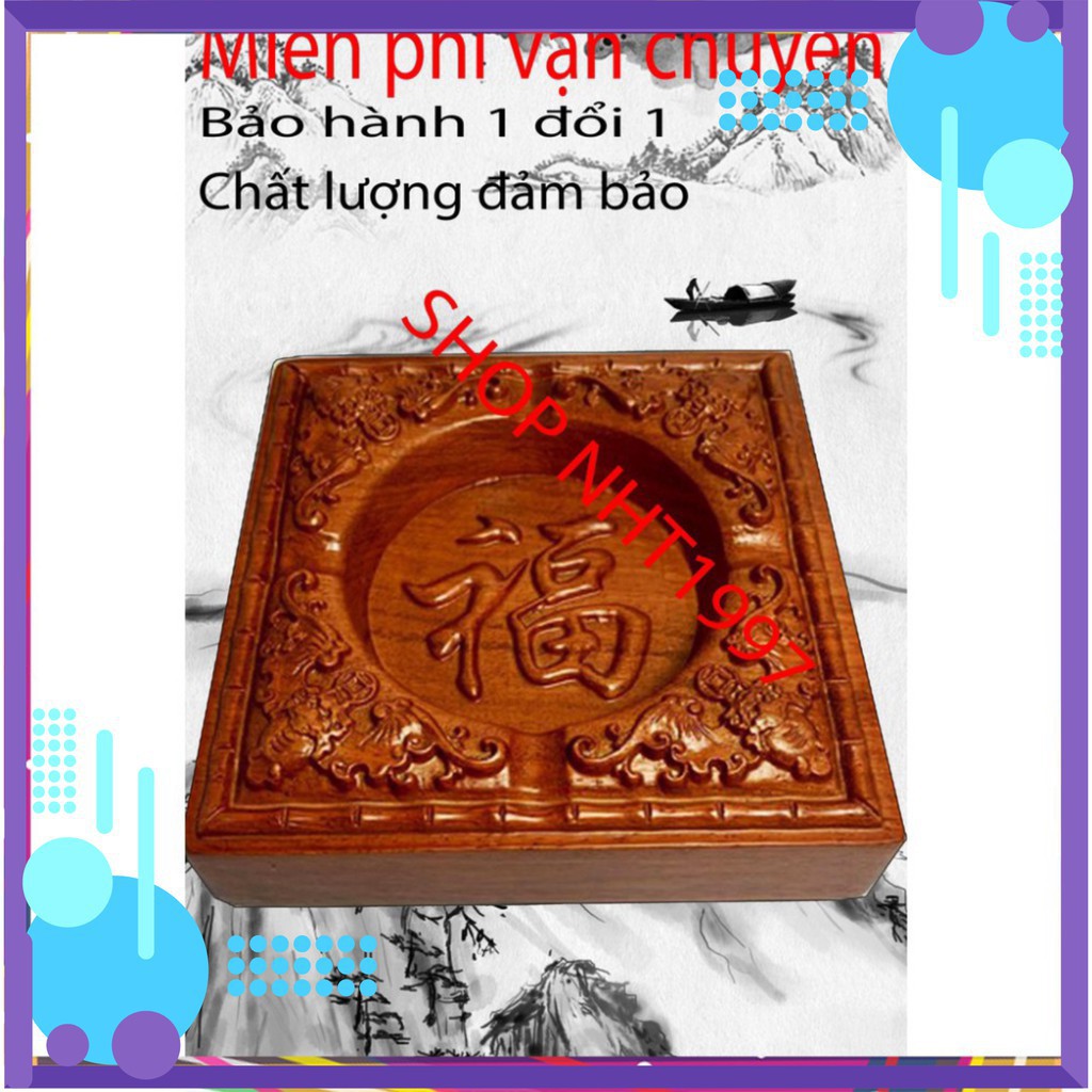 Gạt tàn vuông gỗ hương chạm khắc chữ phúc,hoa văn tinh xảo