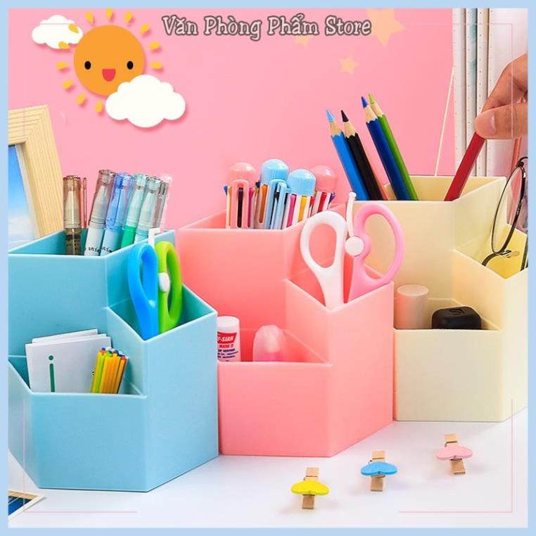 Ống đựng bút nhựa để bàn 3 ngăn nhiều màu kích cỡ 12*11*10cm